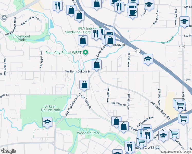 map of restaurants, bars, coffee shops, grocery stores, and more near 11335 Southwest Greenburg Road in Tigard
