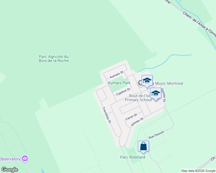 map of restaurants, bars, coffee shops, grocery stores, and more near 198 Aumais Street in Sainte-Anne-de-Bellevue