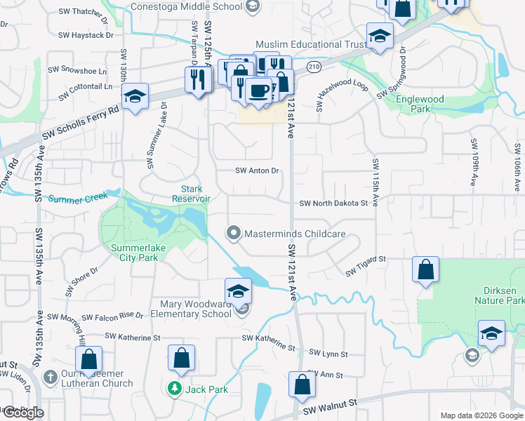 map of restaurants, bars, coffee shops, grocery stores, and more near 12256 Southwest Millview Court in Tigard