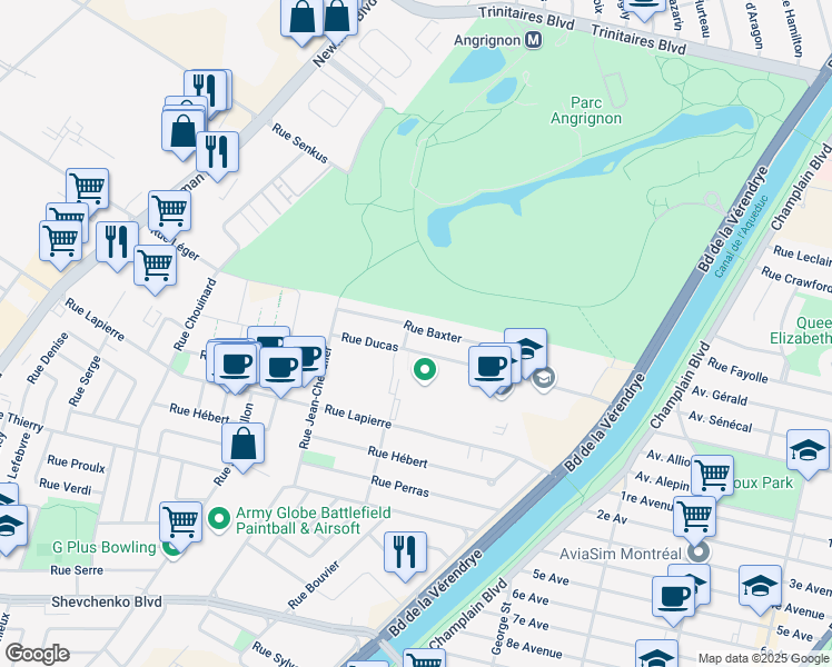 map of restaurants, bars, coffee shops, grocery stores, and more near 1468 Rue Baxter in Montreal