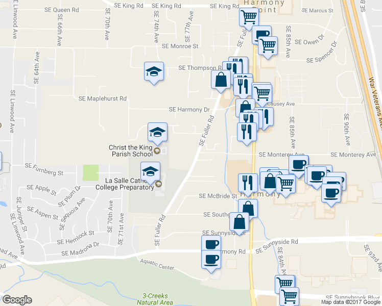 map of restaurants, bars, coffee shops, grocery stores, and more near 11635 Southeast Fuller Road in Milwaukie