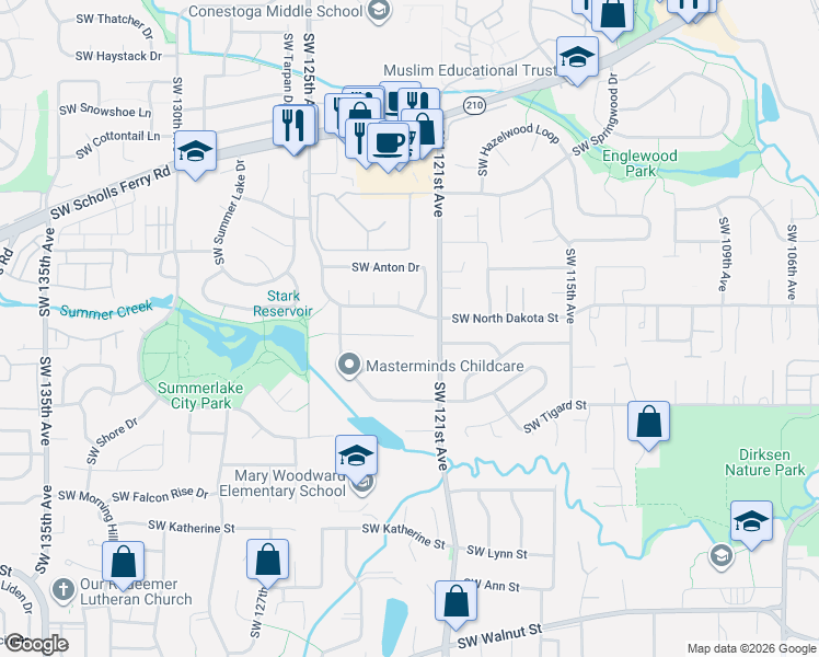 map of restaurants, bars, coffee shops, grocery stores, and more near 12207 Southwest Millview Court in Tigard
