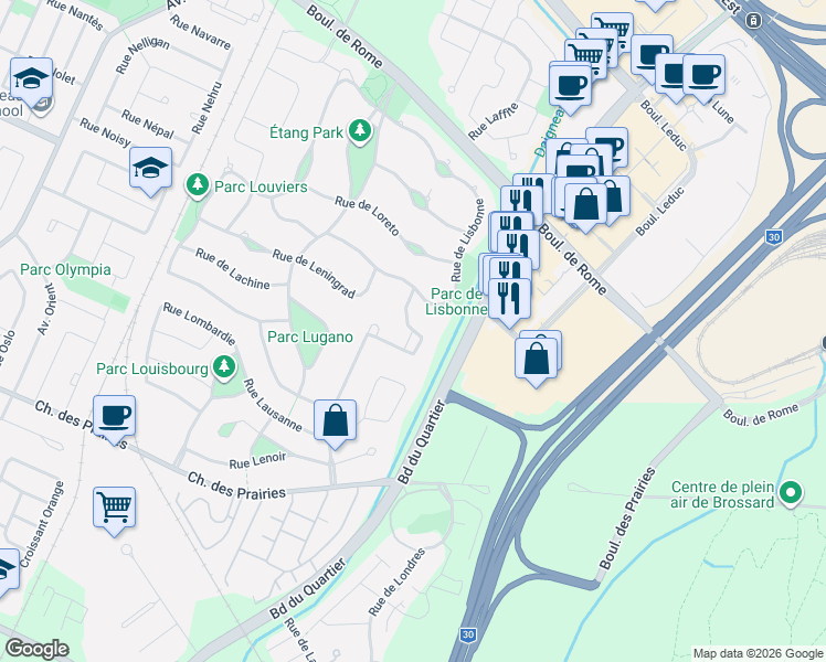 map of restaurants, bars, coffee shops, grocery stores, and more near Rue de Liverpool in Brossard