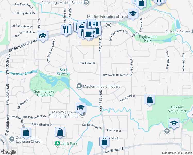 map of restaurants, bars, coffee shops, grocery stores, and more near 11335 Southwest 121st Avenue in Tigard