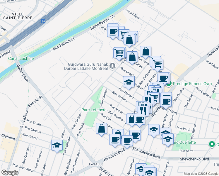 map of restaurants, bars, coffee shops, grocery stores, and more near 2389 Rue Gervais in Montréal