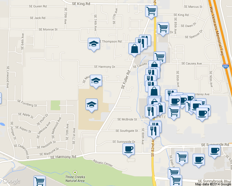 map of restaurants, bars, coffee shops, grocery stores, and more near 11635 Southeast Fuller Road in Milwaukie