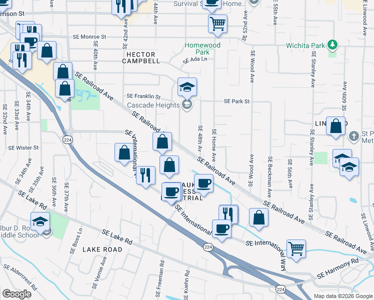 map of restaurants, bars, coffee shops, grocery stores, and more near 11781 Southeast 48th Avenue in Milwaukie