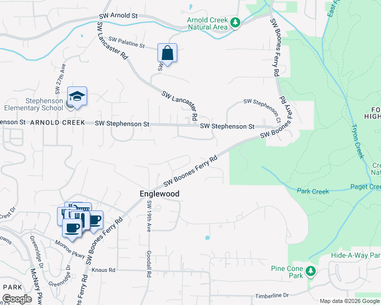 map of restaurants, bars, coffee shops, grocery stores, and more near 1604 Southwest Joshua Street in Portland