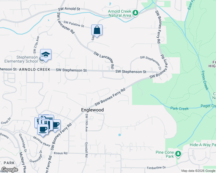map of restaurants, bars, coffee shops, grocery stores, and more near 1604 Southwest Joshua Street in Portland