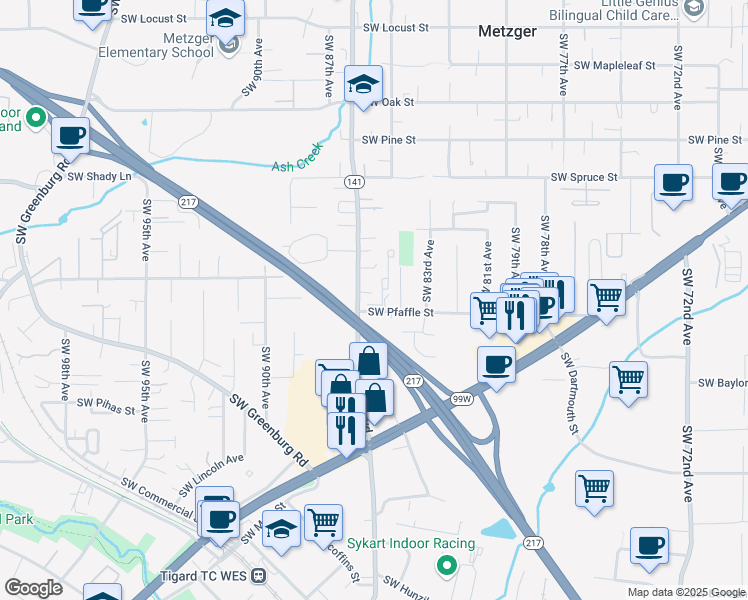 map of restaurants, bars, coffee shops, grocery stores, and more near 8530 Southwest Pfaffle Street in Tigard