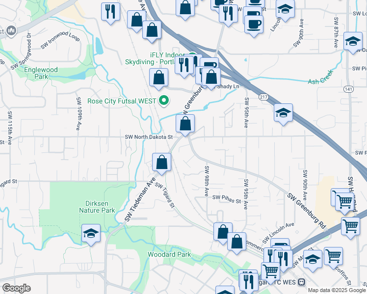 map of restaurants, bars, coffee shops, grocery stores, and more near 11335 Southwest Greenburg Road in Tigard