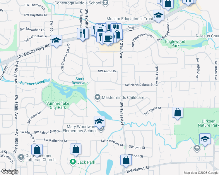 map of restaurants, bars, coffee shops, grocery stores, and more near 12256 Southwest Millview Court in Tigard