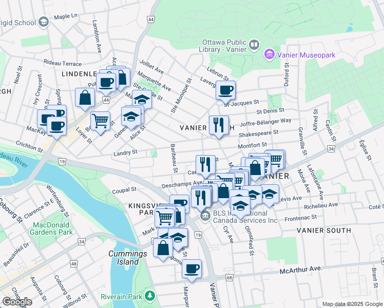 map of restaurants, bars, coffee shops, grocery stores, and more near in Ottawa