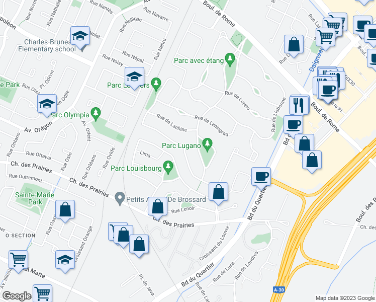 map of restaurants, bars, coffee shops, grocery stores, and more near 7930 Rue de Liverpool in Brossard