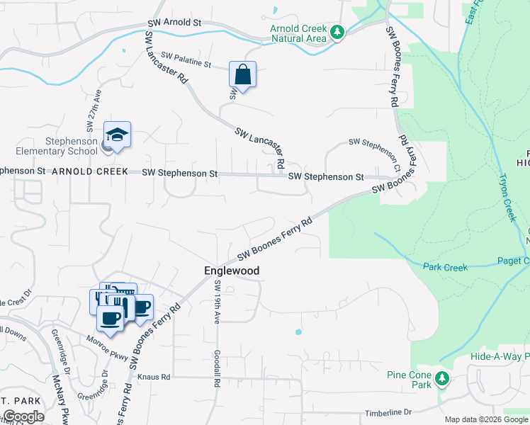 map of restaurants, bars, coffee shops, grocery stores, and more near 1604 Southwest Joshua Street in Portland