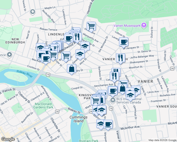 map of restaurants, bars, coffee shops, grocery stores, and more near 300 Meilleur Private in Ottawa