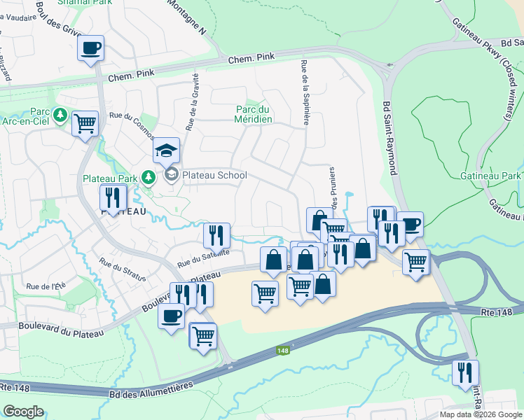 map of restaurants, bars, coffee shops, grocery stores, and more near 52 Rue de l'Apogée in Gatineau