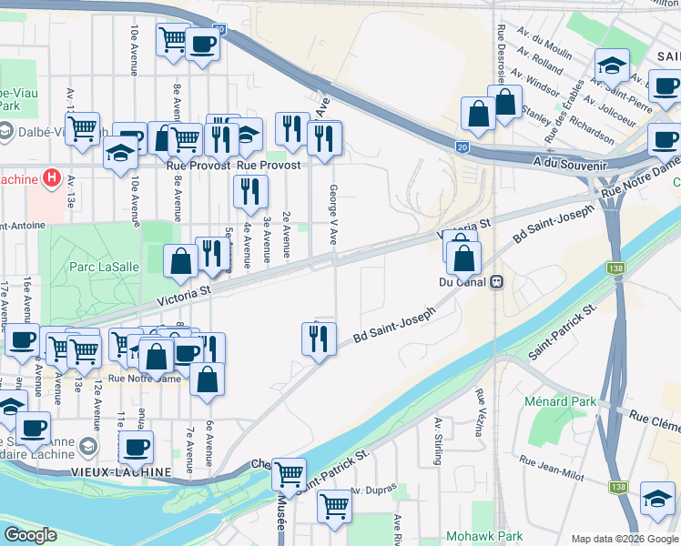 map of restaurants, bars, coffee shops, grocery stores, and more near 376 Avenue George-V in Montréal