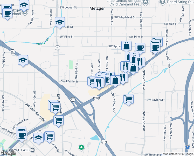 map of restaurants, bars, coffee shops, grocery stores, and more near 11305 Southwest 79th Avenue in Tigard