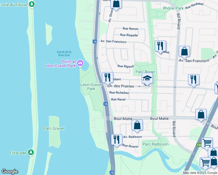 map of restaurants, bars, coffee shops, grocery stores, and more near 407 Chemin des Prairies in Brossard