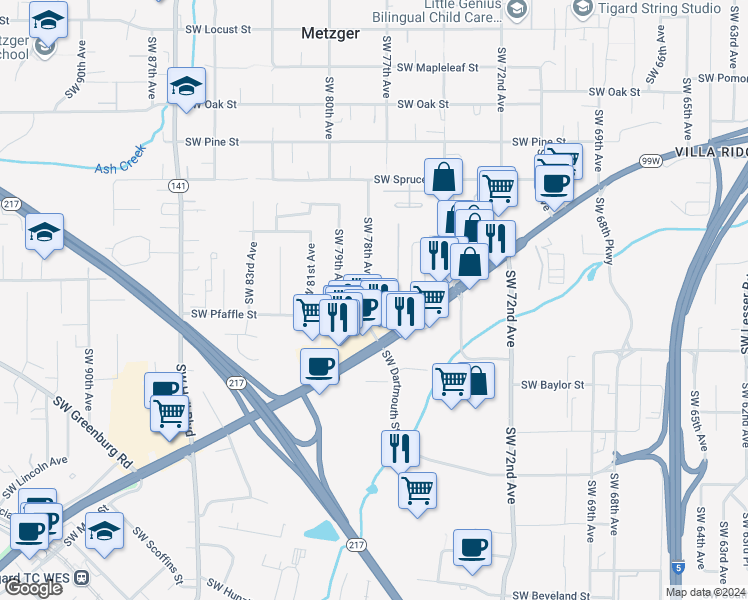 map of restaurants, bars, coffee shops, grocery stores, and more near 11280 Southwest 78th Avenue in Tigard