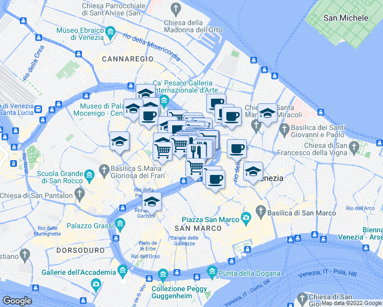 map of restaurants, bars, coffee shops, grocery stores, and more near 779 Ruga Vecchia San Giovanni in Venezia