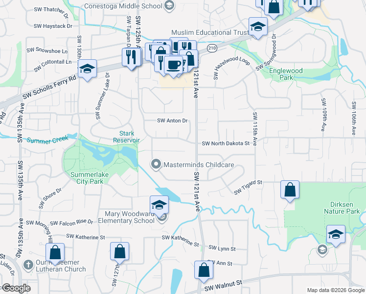 map of restaurants, bars, coffee shops, grocery stores, and more near 12207 Southwest Millview Court in Tigard