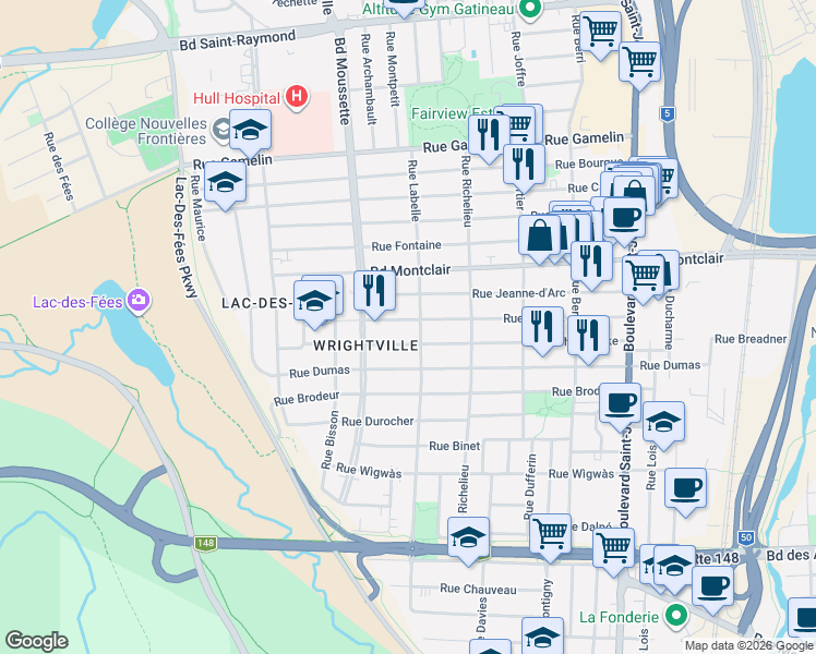 map of restaurants, bars, coffee shops, grocery stores, and more near 159 Rue Nicolet in Gatineau