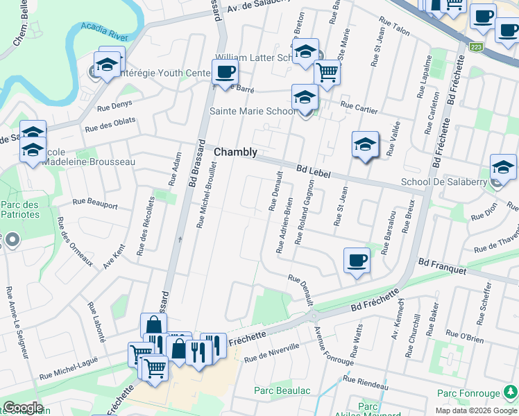 map of restaurants, bars, coffee shops, grocery stores, and more near 1429 Rue Zotique-Giard in Chambly