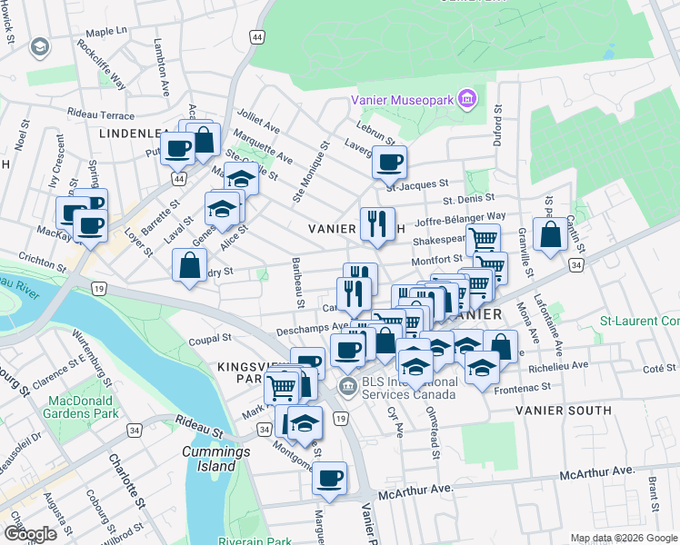 map of restaurants, bars, coffee shops, grocery stores, and more near 190 Montfort Street in Ottawa