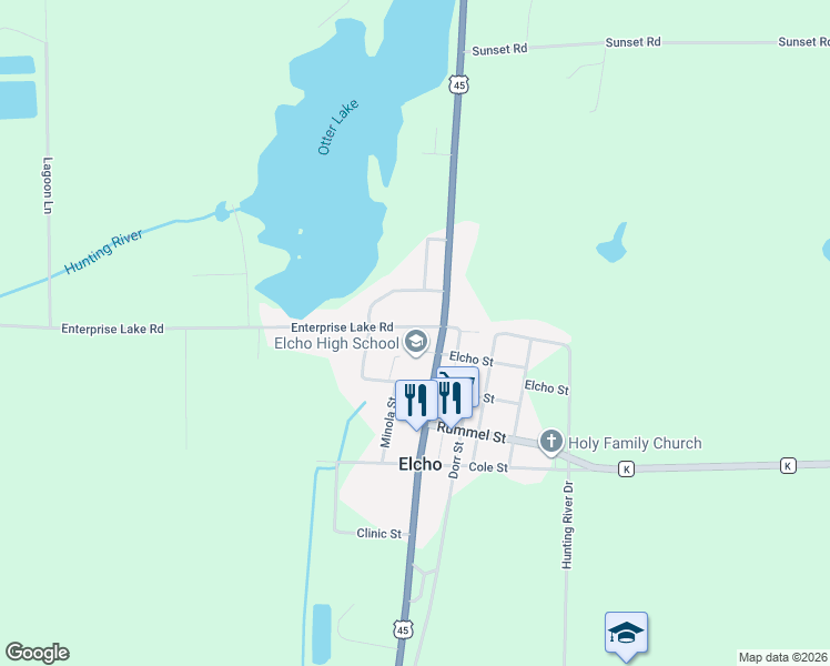 map of restaurants, bars, coffee shops, grocery stores, and more near 9630 Antigo Street in Elcho
