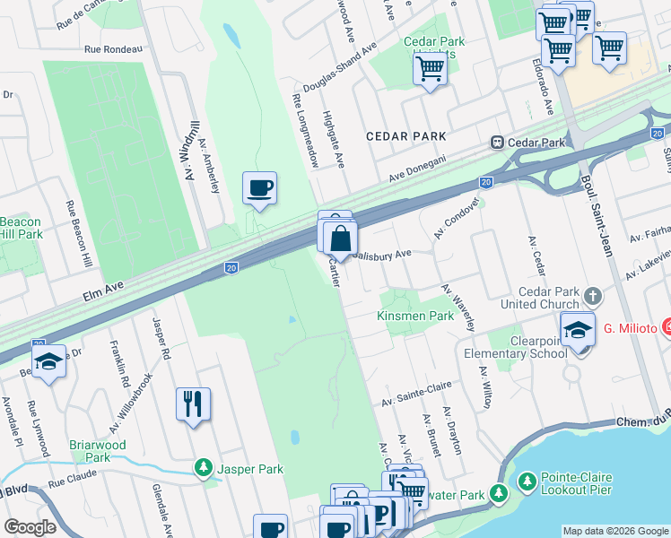 map of restaurants, bars, coffee shops, grocery stores, and more near 173 Avenue Cartier in Pointe-Claire