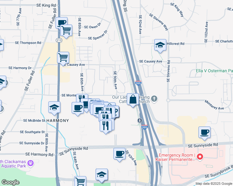 map of restaurants, bars, coffee shops, grocery stores, and more near 8915-8999 SE Monterey Ave in Happy Valley