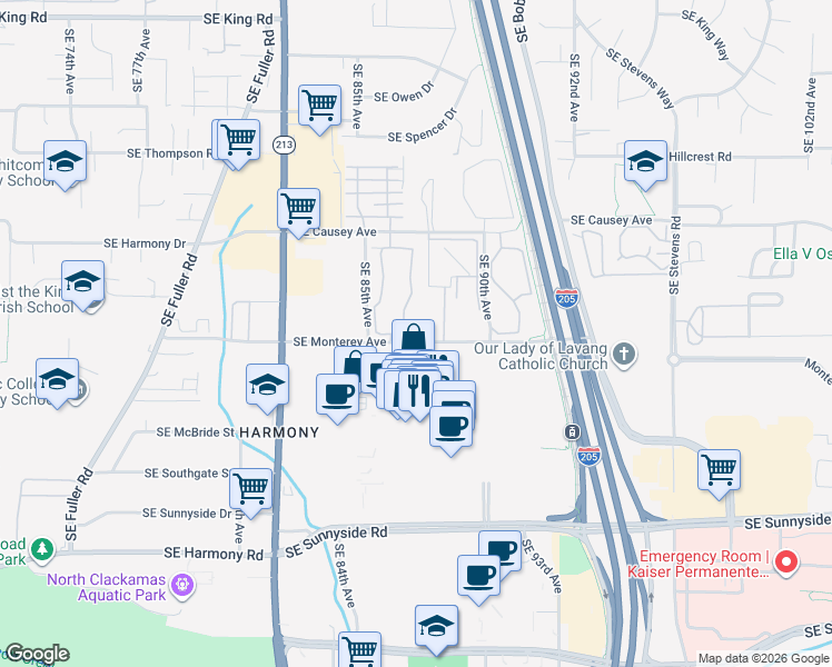 map of restaurants, bars, coffee shops, grocery stores, and more near 8750 Southeast Monterey Avenue in Happy Valley