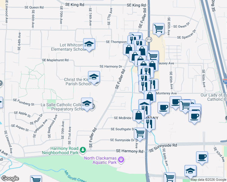 map of restaurants, bars, coffee shops, grocery stores, and more near 11661 Southeast Fuller Road in Milwaukie