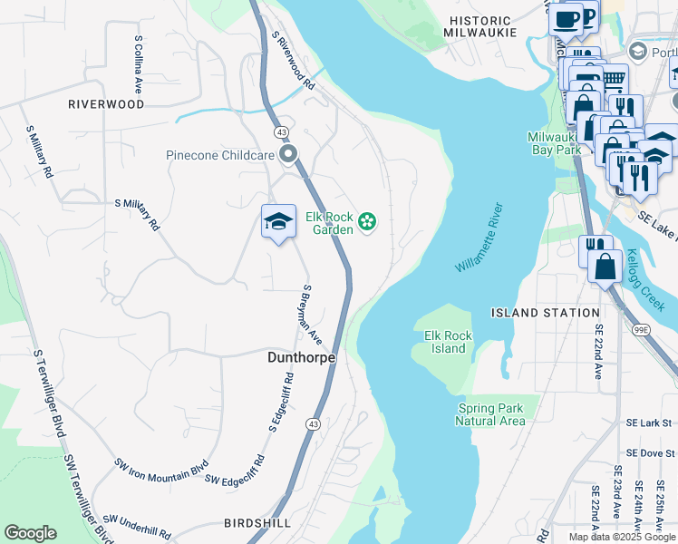 map of restaurants, bars, coffee shops, grocery stores, and more near 12016 South Breyman Avenue in Portland