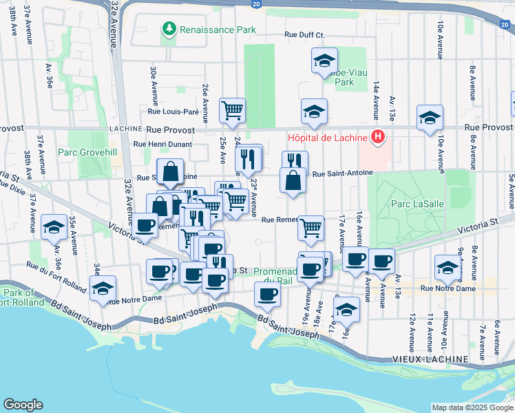 map of restaurants, bars, coffee shops, grocery stores, and more near 524 23ᵉ Avenue in Montréal