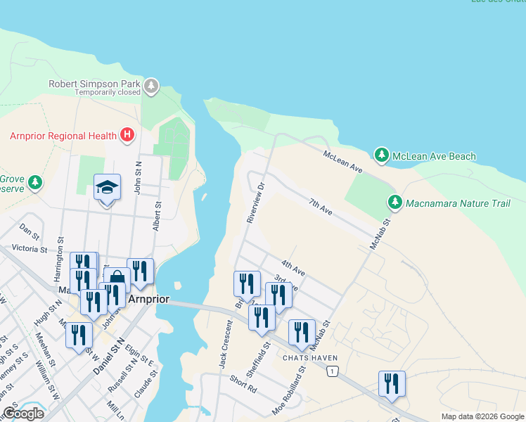 map of restaurants, bars, coffee shops, grocery stores, and more near in Arnprior