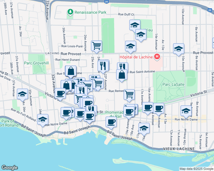 map of restaurants, bars, coffee shops, grocery stores, and more near 524 23ᵉ Avenue in Montréal
