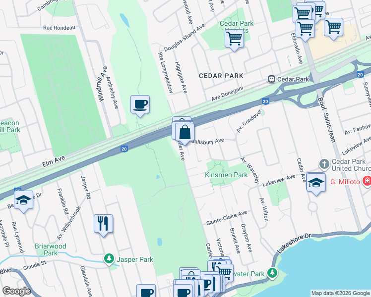 map of restaurants, bars, coffee shops, grocery stores, and more near 173 Avenue Cartier in Pointe-Claire