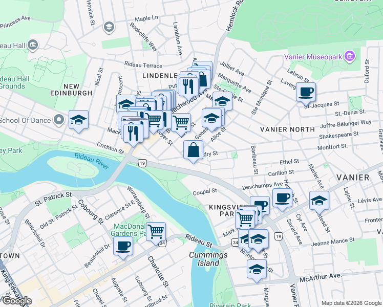 map of restaurants, bars, coffee shops, grocery stores, and more near 75 Landry Street in Ottawa