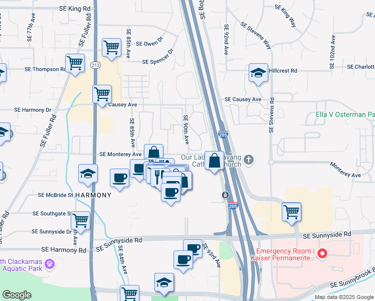 map of restaurants, bars, coffee shops, grocery stores, and more near 8915 Southeast Monterey Avenue in Happy Valley