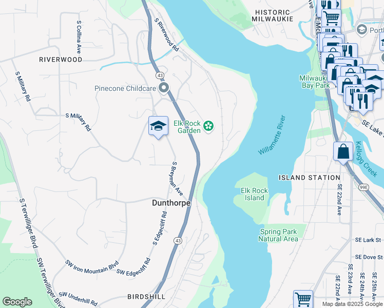 map of restaurants, bars, coffee shops, grocery stores, and more near 12016 South Breyman Avenue in Portland