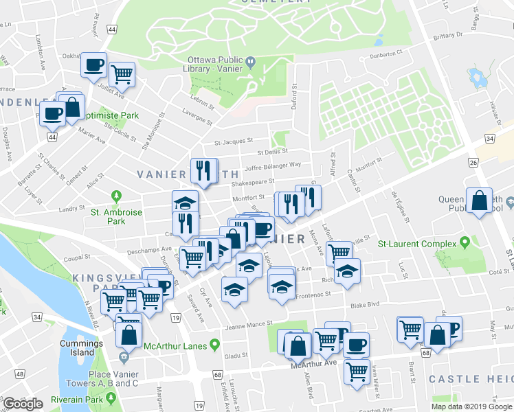 map of restaurants, bars, coffee shops, grocery stores, and more near 241 Bradley Avenue in Ottawa