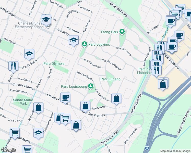 map of restaurants, bars, coffee shops, grocery stores, and more near 4110 Rue de Louviers in Brossard