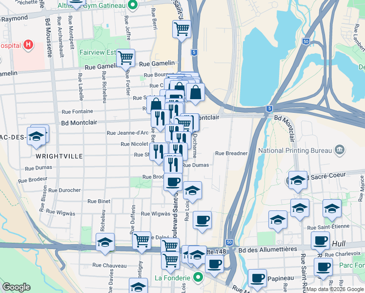 map of restaurants, bars, coffee shops, grocery stores, and more near 290 Boulevard Saint-Joseph in Gatineau