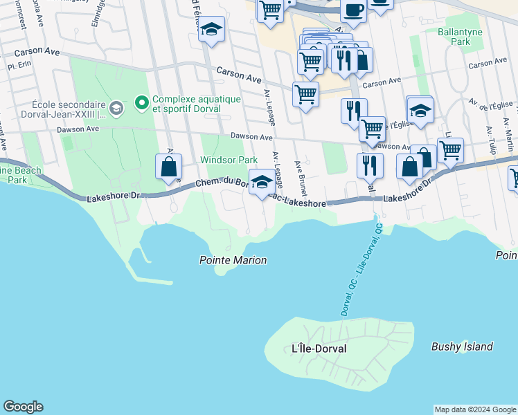 map of restaurants, bars, coffee shops, grocery stores, and more near 60 Terrasse Ballantyne in Dorval