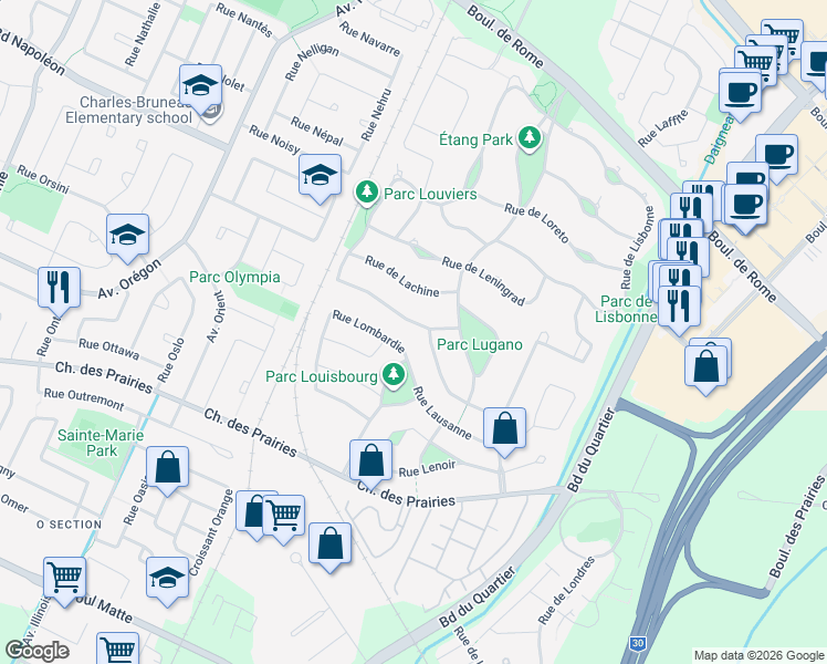 map of restaurants, bars, coffee shops, grocery stores, and more near 4110 Rue de Louviers in Brossard