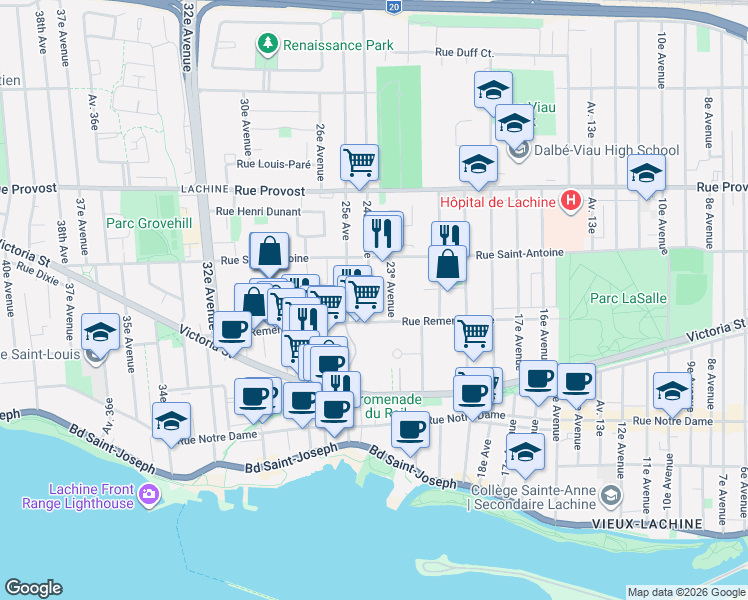 map of restaurants, bars, coffee shops, grocery stores, and more near 540 24e Avenue in Montréal