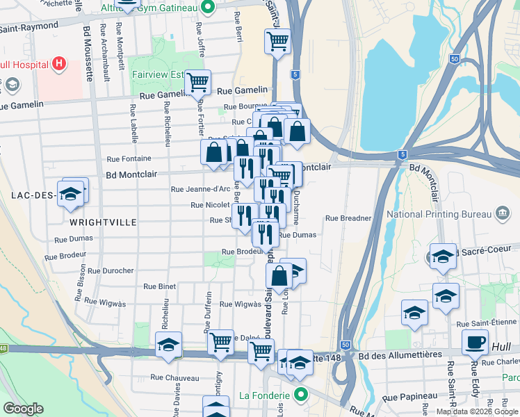 map of restaurants, bars, coffee shops, grocery stores, and more near 9 Rue Nicolet in Gatineau